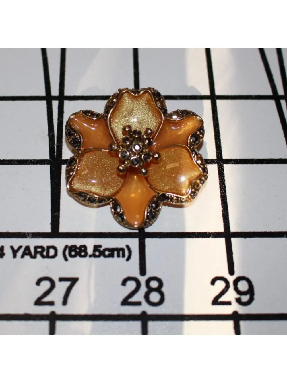 Vtg Unsigned Shimmering Tangerine Lucite Resin Flower Brooch Black Marcasite Pin
